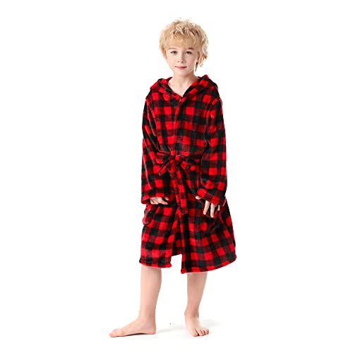 V.&GRIN Jungen-Fleece-Bademantel, weicher Fuzzy-Bademantel für Kleinkinder mit Kapuze für Kinder von 3–14 Jahren (rot kariert 3–4 von V.&GRIN