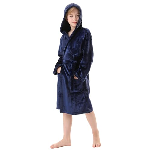 V.&GRIN Jungen-Fleece-Bademantel, weicher Fuzzy-Bademantel mit Kapuze für Kleinkinder für Kinder von 3–14 Jahren (Marineblau 13–14 von V.&GRIN