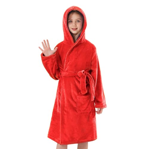 V.&GRIN Mädchen-Fleece-Bademantel, weicher Fuzzy-Bademantel mit Kapuze für Kleinkinder für Kinder von 3–14 Jahren (Korallenrot 11–12 von V.&GRIN