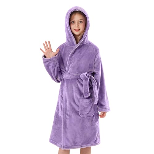 V.&GRIN Mädchen-Fleece-Bademantel, weicher Fuzzy-Bademantel mit Kapuze für Kleinkinder für Kinder von 3–14 Jahren (Lavendel Lila 11-12 von V.&GRIN