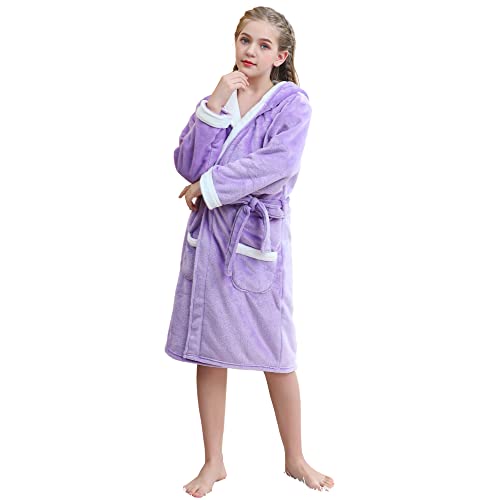 V.&GRIN Mädchen-Fleece-Bademantel, weicher Fuzzy-Bademantel mit Kapuze für Kleinkinder für Kinder von 3–14 Jahren (Lavendel-Weiß 5–6) von V.&GRIN