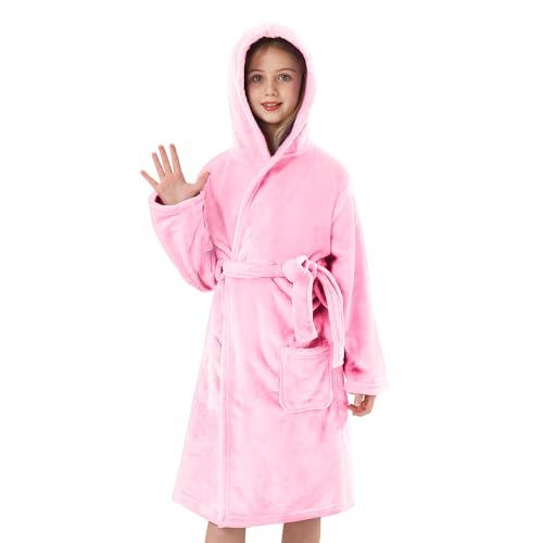 V.&GRIN Mädchen-Fleece-Bademantel, weicher Fuzzy-Bademantel mit Kapuze für Kleinkinder für Kinder von 3–14 Jahren (Rosa 11-12 von V.&GRIN