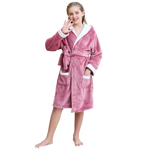 V.&GRIN Mädchen-Fleece-Bademantel, weicher Fuzzy-Bademantel mit Kapuze für Kleinkinder von 3–14 Jahren (Koralle-Weiß 5–6) von V.&GRIN