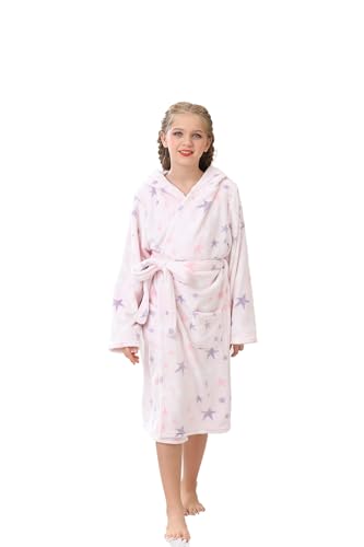 V.&GRIN Mädchen-Fleece-Bademantel, weicher Fuzzy-Bademantel mit Kapuze für Kleinkinder von 3–14 Jahren (Rosa/Sterne 13–14) von V.&GRIN