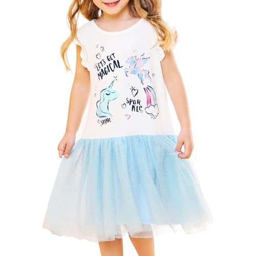 V.&GRIN Mädchen Kleid, Weißes Tüll Einhorn Glitzer Kurzarm Tüllkleid für Prinzessin Geburtstag Einschulung 5 Jahre von V.&GRIN