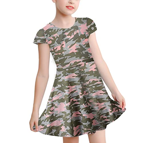 V.&GRIN Mädchen Kleid Weiche Sommerkleider für Kinder mit Einhorn Regenbogen Schmetterling Meerjungfrau und Blumenmustern in Kurzen Ärmeln Gr. 90-135cm Camo kurz, 8 Jahre von V.&GRIN