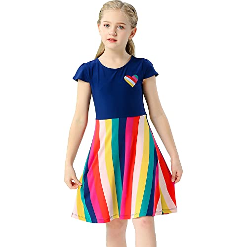 V.&GRIN Mädchen Kleid Weiche Sommerkleider für Kinder mit Einhorn Regenbogen Schmetterling Meerjungfrau und Blumenmustern in Kurzen Ärmeln Gr. 90-135cm Marineblaue Regenbogen-Short, 3T von V.&GRIN