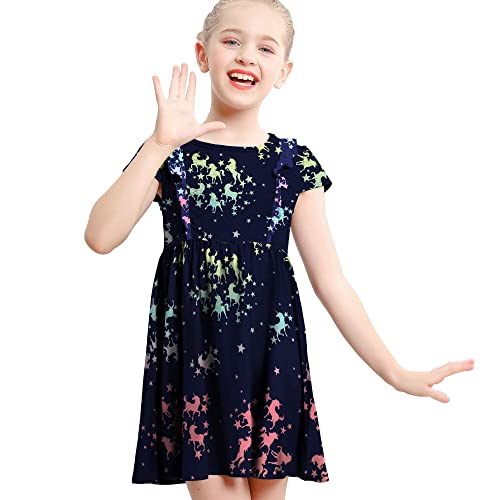 V.&GRIN Mädchen Kleid Weiche Sommerkleider für Kinder mit Einhorn Regenbogen Schmetterling Meerjungfrau und Blumenmustern in Kurzen Ärmeln Gr. 90-135cm Navy Einhorn-Short, 7 Jahre von V.&GRIN