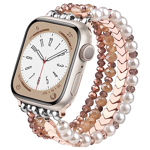 V.R.HOPE Perlenarmband kompatibel mit Apple Watch Armband 38mm 40mm 41mm 42 mm Damen Mode Kristall Bead, elastisch und dehnbar, geeignet für iWatch SE und Series 10 9 8 7 6 5 4 3 2 1-Rose weiß-klein von V.R.HOPE