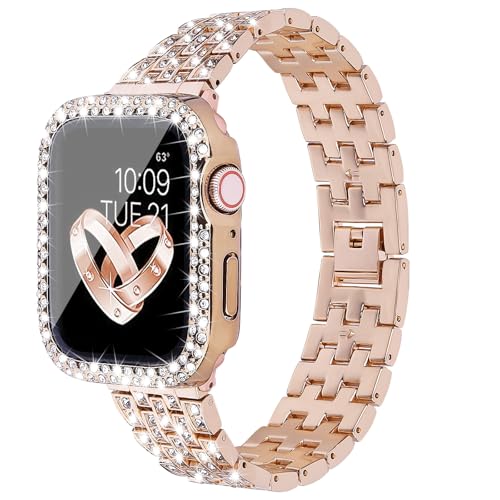 V.R.HOPE Uhrenarmbänder Kompatibel mit Apple Watch 40mm Armband für Frauen mit Displayschutzfolie, Full Cover mit Bling Strass Diamant, Edelstahl Uhrenarmband für iWatch Series 6 5 4 SE - Rose Gold von V.R.HOPE