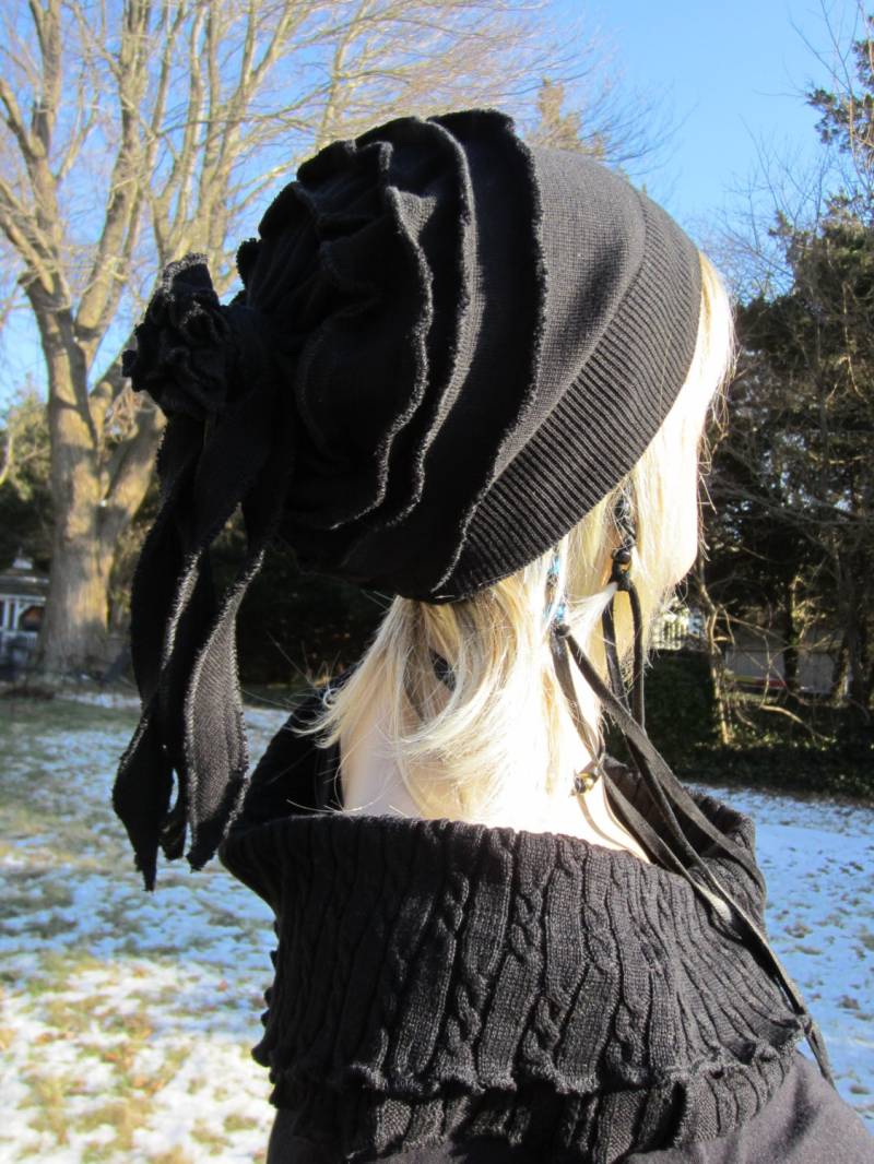 Black Rose Slouch Beanie Merino Wool Blend Womens Fashion Hats Rag Tie Back Slouchy Hat A930 von VACATIONHOUSE
