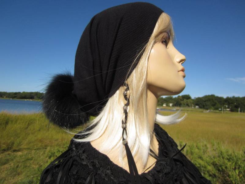 Fell Pom Mütze Schwarz Kaschmir Baumwolle Blend Slouchy Beanie Damen Warme Winter Styles A49 Pom von VACATIONHOUSE