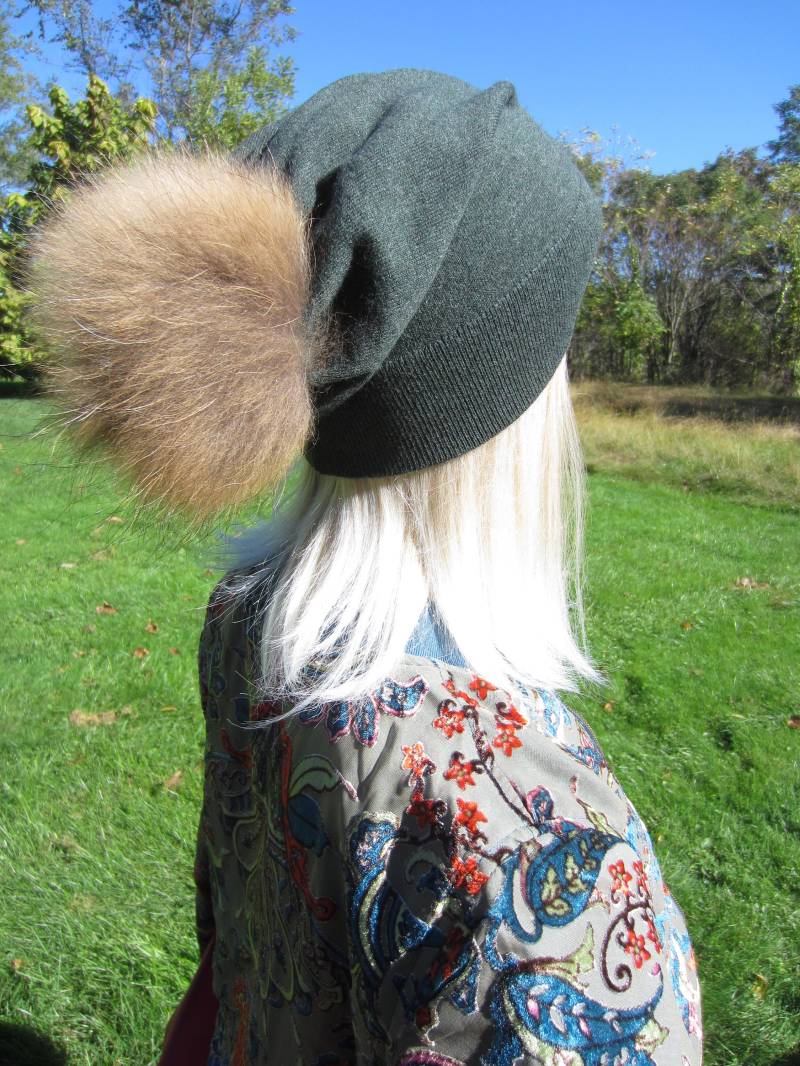 Pelz Pom Beanie Kaschmir Mütze Wald Grün Wolle Strick Slouchy Beanies Für Frauen By Vacationhouse A49 Pom von VACATIONHOUSE