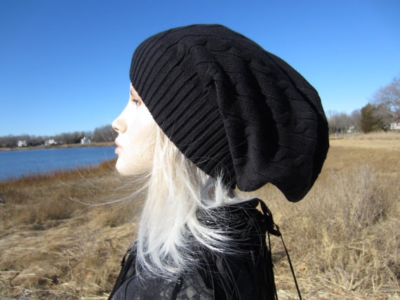 Slouch Tam Baggy Zopfmuster Slouchy Damen Schwarz Hut Lange Zurück Baumwolle Dread Dicke Warme Wintermütze A1034 von VACATIONHOUSE