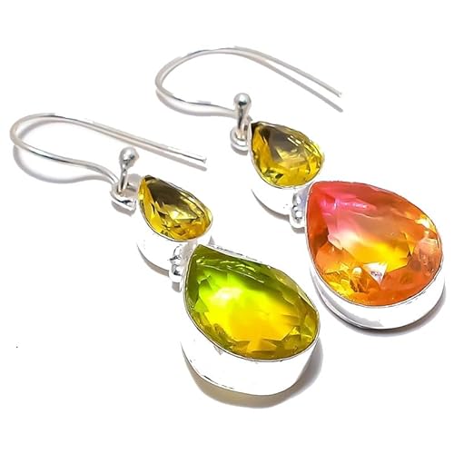 Bi-Color Tourmaline Yellow Citrine Quartz Multi-Stone Drop Earrings Handmade2" For Girls Women 925 Sterling Silver Plated Jewelry From VACHEE 2546 von VACHEE