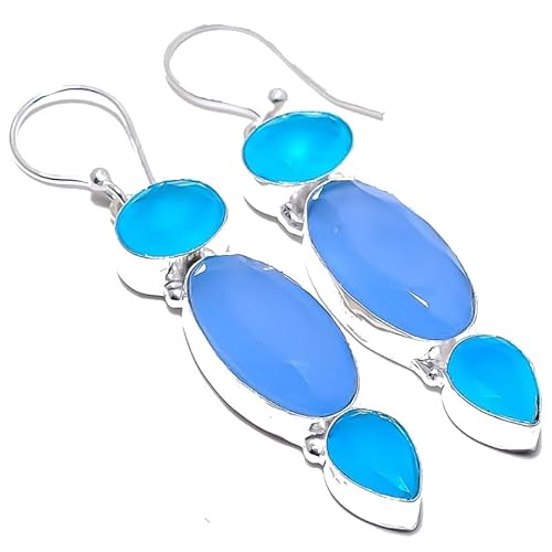 Blue Chalcedony Drop Earrings Handmade2" For Girls Women 925 Sterling Silver Plated Jewelry From VACHEE 2566 von VACHEE