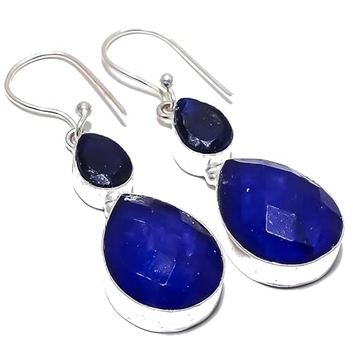 Blue Dyed Sapphire Drop Earrings Handmade2" For Girls Women 925 Sterling Silver Plated Jewelry From VACHEE 2535 von VACHEE