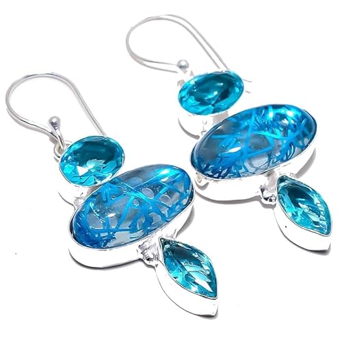 Blue Rutile London Blue Topaz Quartz Multi-Stone Drop Earrings Handmade2" For Girls Women 925 Sterling Silver Plated Jewelry From VACHEE 2576 von VACHEE