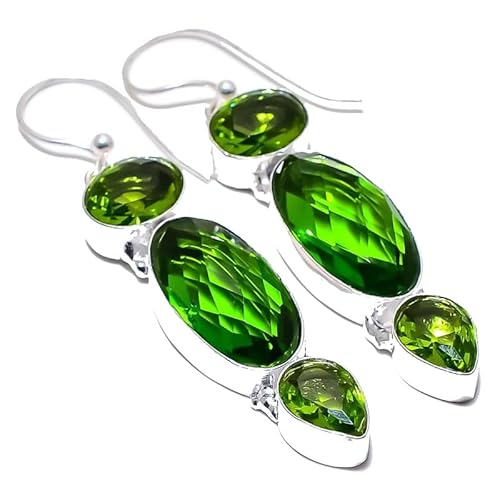 Grüne Amethyst Quarz Tropfen Ohrringe handgefertigt 2" für Mädchen Frauen 925 Sterling Silber vergoldet Schmuck von VACHEE 2634 von VACHEE