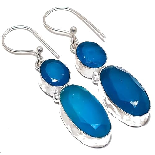 Handgefertigte Tropfenohrringe aus blauem Chalcedon, 5,1 cm, für Mädchen und Frauen, 925er-Sterlingsilber vergoldeter Schmuck von VACHEE 2383 von VACHEE