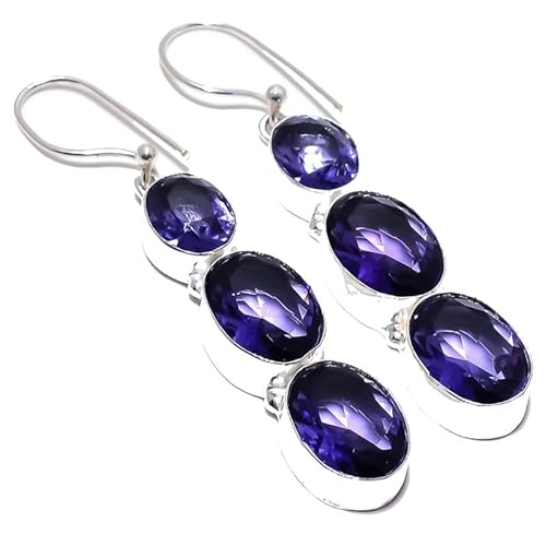 Lila Amethyst Quarz Tropfen Ohrringe handgefertigt 2" für Mädchen Frauen 925 Sterling Silber vergoldet Schmuck von VACHEE 2672 von VACHEE