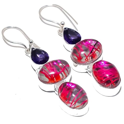 Rosa Rutil Lila Amethyst Quarz Multi-Stein handgemachte Tropfen Ohrringe 2" für Mädchen Frauen 925 Sterling Silber vergoldet Schmuck von VACHEE 2755 von VACHEE