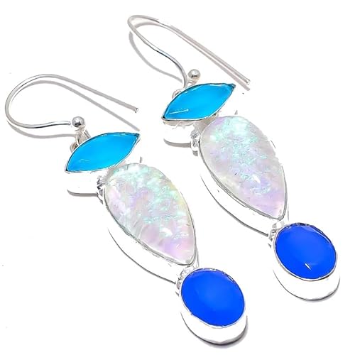 Triplet Opal Blue Chalcedon Multi-Stein Tropfen Ohrringe handgefertigt 2" für Mädchen Frauen 925 Sterling Silber vergoldet Schmuck von VACHEE 2693 von VACHEE