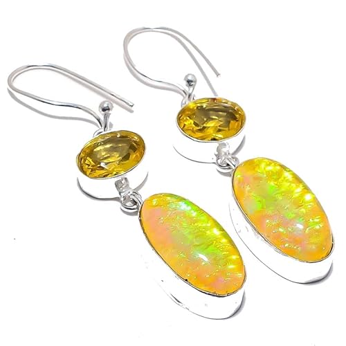 Triplet Opal Gelb Citrin Quarz Multi-Stein Tropfen Ohrringe handgefertigt 2" für Mädchen Frauen 925 Sterling Silber vergoldet Schmuck von VACHEE 2666 von VACHEE