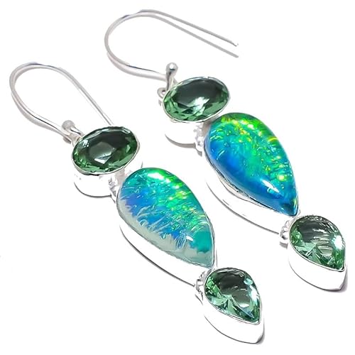 Triplet Opal Grün Peridot Quarz Multi-Stein Tropfen Ohrringe handgefertigt 2" für Mädchen Frauen 925 Sterling Silber vergoldet Schmuck von VACHEE 2685 von VACHEE