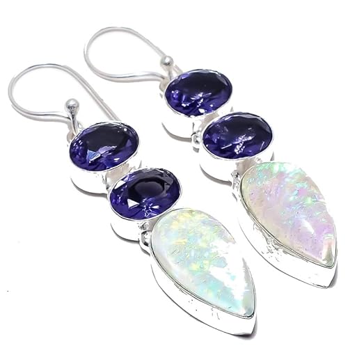 Triplet Opal Lila Amethyst Quarz Multi-Stein Tropfen Ohrringe handgefertigt 2" für Mädchen Frauen 925 Sterling Silber vergoldet Schmuck von VACHEE 2419 von VACHEE