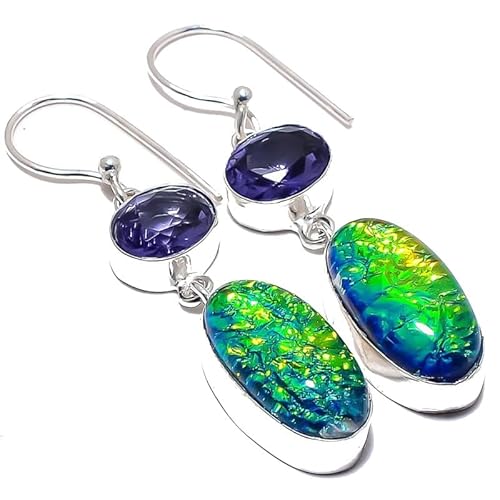 Triplet Opal Lila Amethyst Quarz Multi-Stein Tropfen Ohrringe handgefertigt 2" für Mädchen Frauen 925 Sterling Silber vergoldet Schmuck von VACHEE 2423 von VACHEE