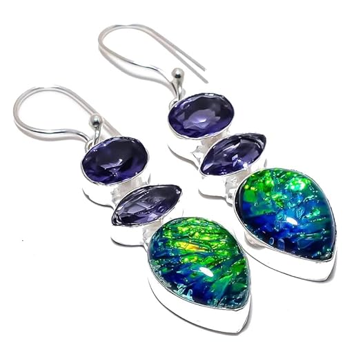 Triplet Opal Lila Amethyst Quarz Multi-Stein handgemachte Tropfen Ohrringe 2" für Mädchen Frauen 925 Sterling Silber vergoldet Schmuck von VACHEE 2724 von VACHEE