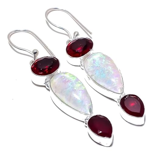 Triplet Opal Roter Granat Quarz Multi-Stein Tropfen Ohrringe Handgefertigt 2" Für Mädchen Frauen 925 Sterling Silber plattierter Schmuck von VACHEE 2655 von VACHEE