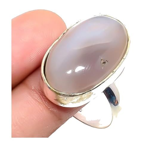 VACHEE Aqua White Botswana Achat Verstellbarer Ring Größe 7 US für Mädchen Frauen 925 Sterling Silber vergoldeter Schmuck 1496 von VACHEE