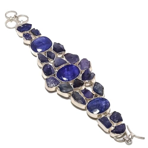 VACHEE Blau gefärbter Saphir, roher Amethyst-Quarz, handgefertigt, großes, schweres Armband 17,8–22,9 cm für Mädchen und Frauen, 925er-Sterlingsilber vergoldeter Schmuck 2946 von VACHEE