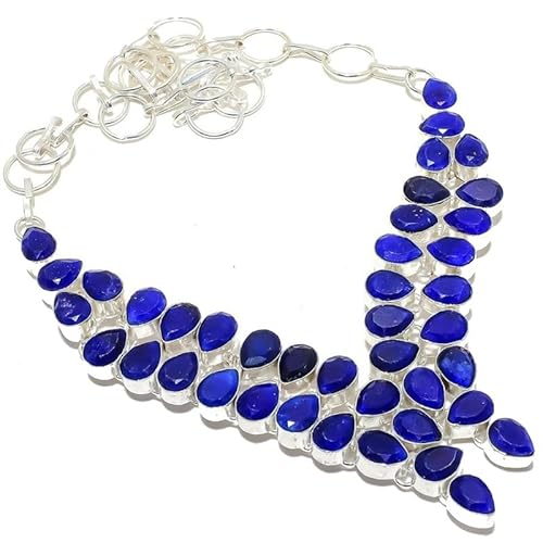 VACHEE Blauer Burmise-Saphir, handgefertigt, schwere Halskette, 45,7 cm, für Mädchen und Frauen, 925er-Sterlingsilber vergoldeter Schmuck 3009 von VACHEE