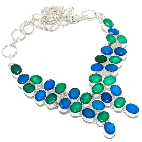 VACHEE Blauer Saphir, grüner Smaragd, simulierte mehrere Steine, handgefertigte schwere Halskette, 45,7 cm, für Mädchen und Frauen, 925er-Sterlingsilber plattierter Schmuck 2866 von VACHEE