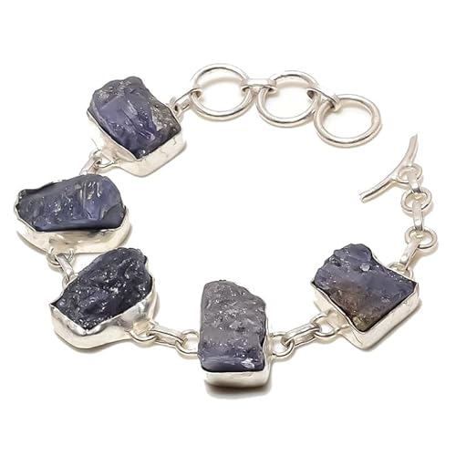 VACHEE Blauer Tansanit-Quarz, handgefertigtes Armband mit fünf Spannzangen-Edelsteinen, 17,8–22,9 cm, für Mädchen und Frauen, 925er-Sterlingsilber vergoldeter Schmuck 3321 von VACHEE