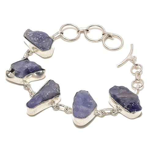 VACHEE Blauer Tansanit-Quarz, handgefertigtes Armband mit fünf Spannzangen-Edelsteinen, 17,8–22,9 cm, für Mädchen und Frauen, 925er-Sterlingsilber vergoldeter Schmuck 3342 von VACHEE