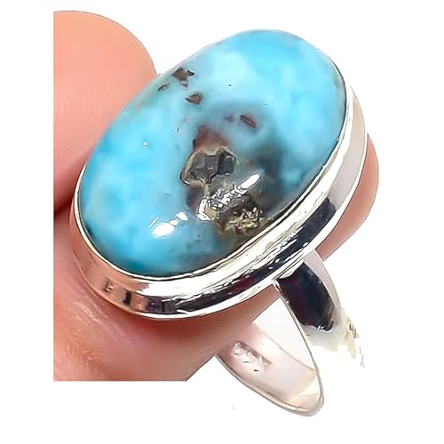 VACHEE Blauer karibischer Larimar-handgefertigter verstellbarer Ring für Mädchen und Frauen, Größe 7 US, 925er Sterlingsilber vergoldeter Schmuck 1717 von VACHEE