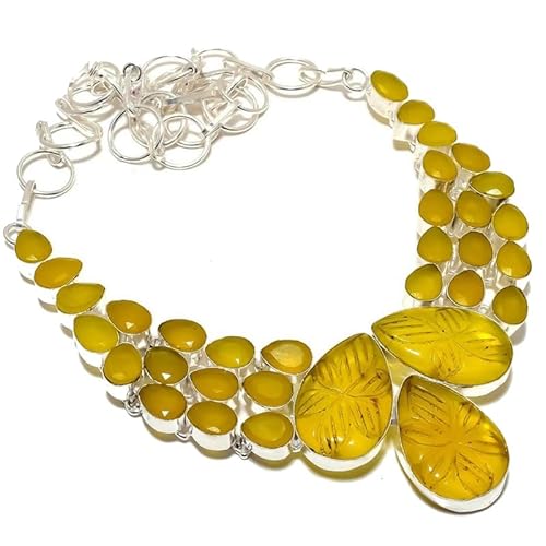 VACHEE Geschnitzte gelbe Chalcedon handgemachte schwere Halskette 18" für Mädchen Frauen 925 Sterling Silber vergoldet Schmuck 1598 von VACHEE