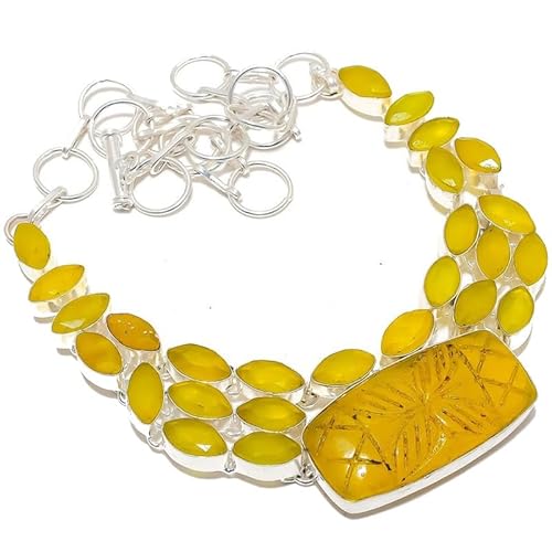 VACHEE Geschnitzte gelbe Chalcedon handgemachte schwere Halskette 18" für Mädchen Frauen 925 Sterling Silber vergoldet Schmuck 2941 von VACHEE