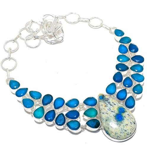 VACHEE Grauer Dendriten-Achat, blauer Chalcedon mit mehreren Steinen, handgefertigte schwere Halsband-Halskette, 45,7 cm, für Mädchen und Frauen, 925er Sterlingsilber vergoldeter Schmuck 3091 von VACHEE