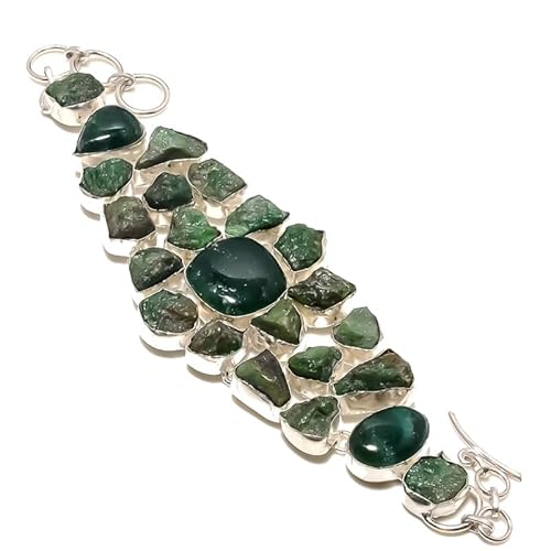 VACHEE Grün gefärbter Smaragd, rauer Edelstein, handgefertigt, großes, schweres Armband, 17,8–22,9 cm, für Mädchen und Frauen, 925er-Sterlingsilber vergoldeter Schmuck 2975 von VACHEE