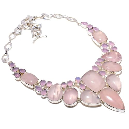 VACHEE Handgefertigte Halsband-Halskette mit rosa Rosenquarz, 45,7 cm, für Mädchen und Frauen, 925er-Sterlingsilber vergoldeter Schmuck 3552 von VACHEE