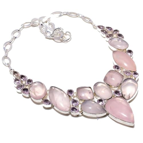 VACHEE Handgefertigte Halsband-Halskette mit rosa Rosenquarz, 45,7 cm, für Mädchen und Frauen, 925er-Sterlingsilber vergoldeter Schmuck 3563 von VACHEE