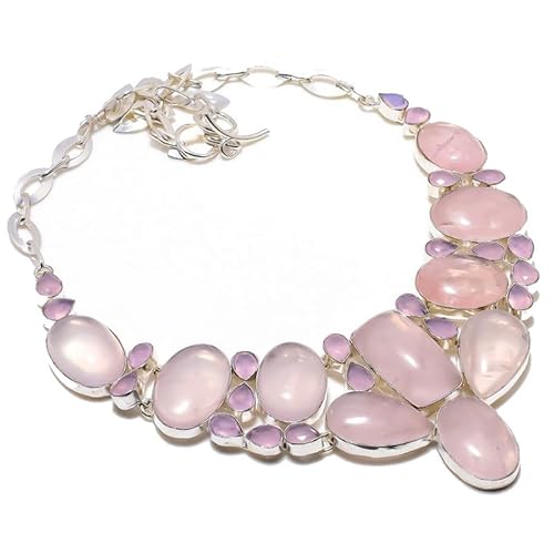 VACHEE Handgefertigte Halsband-Halskette mit rosa Rosenquarz, 45,7 cm, für Mädchen und Frauen, 925er-Sterlingsilber vergoldeter Schmuck 3573 von VACHEE