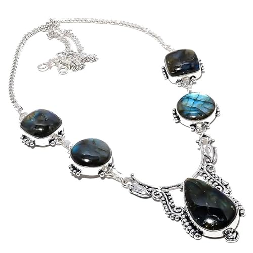 VACHEE Handgefertigte Halsband-Halskette mit schwarzem Labradorit, 45,7 cm, für Mädchen und Damen, 925er-Sterlingsilber vergoldeter Schmuck 764 von VACHEE