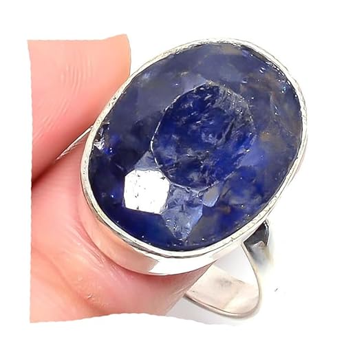 VACHEE Handgefertigter verstellbarer Ring aus blau gefärbtem Supphire für Mädchen und Frauen, Größe 7 US, 925 Sterling Silber vergoldeter Schmuck 2336 von VACHEE