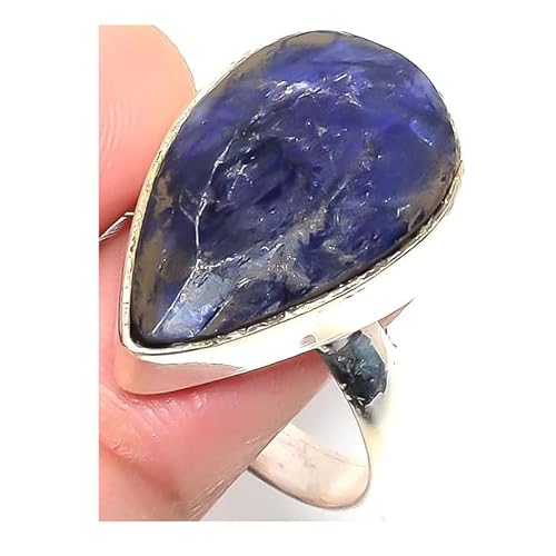 VACHEE Handgefertigter verstellbarer Ring aus blau gefärbtem Supphire für Mädchen und Frauen, Größe 7 US, 925er Sterlingsilber plattierter Schmuck 2362 von VACHEE